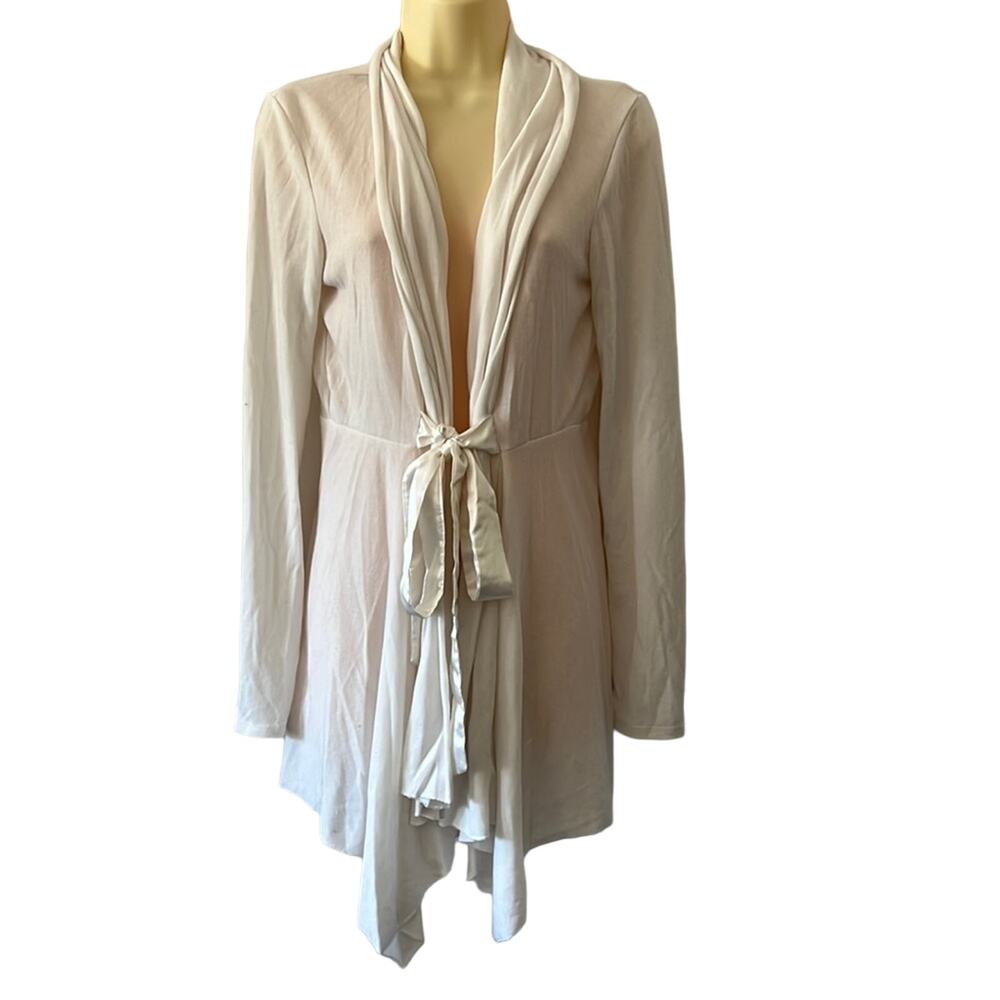 Studio Y Size XL. White Knit Cardigan with Satin Tie Asymmetrical